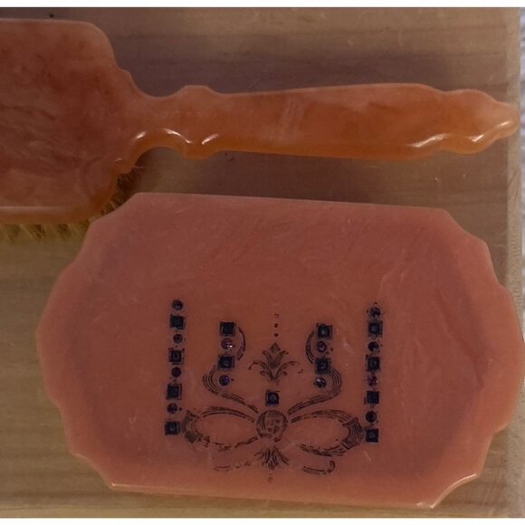 Vintage Ladies Celluloid-Bakelite Vanity  Set With Brush Scissors & Trinket Box - Picture 5 of 16